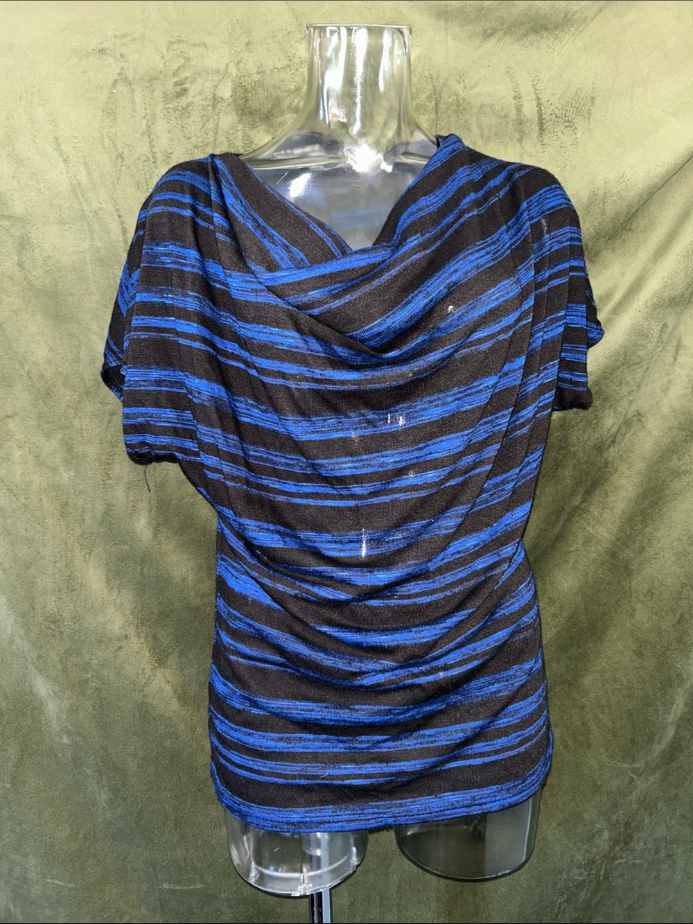 Ava & Grace Blue and Black Striped Draped Cowl Neck Top